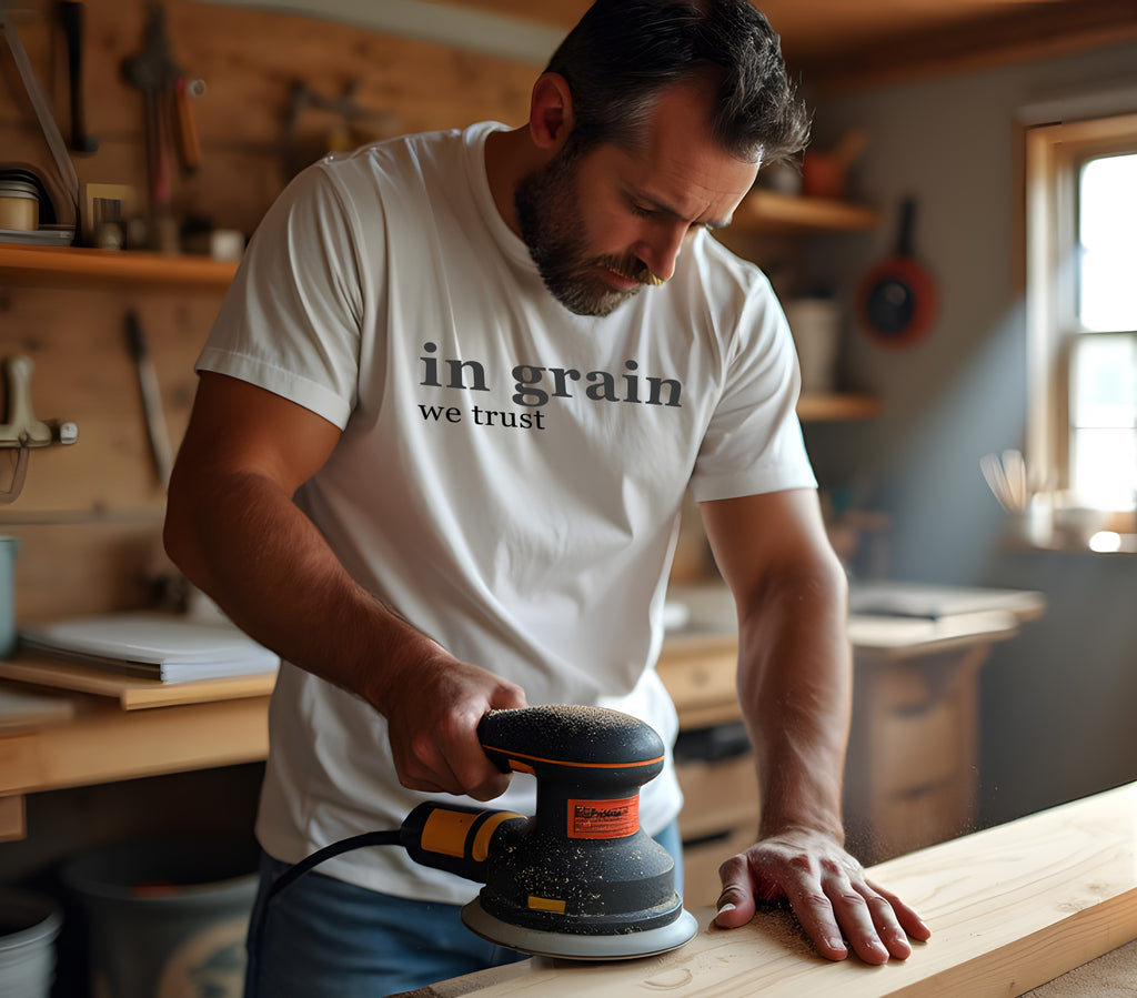 Man sanding a wooden surface in a workshop wearing a 'in grain we trust' shirt.