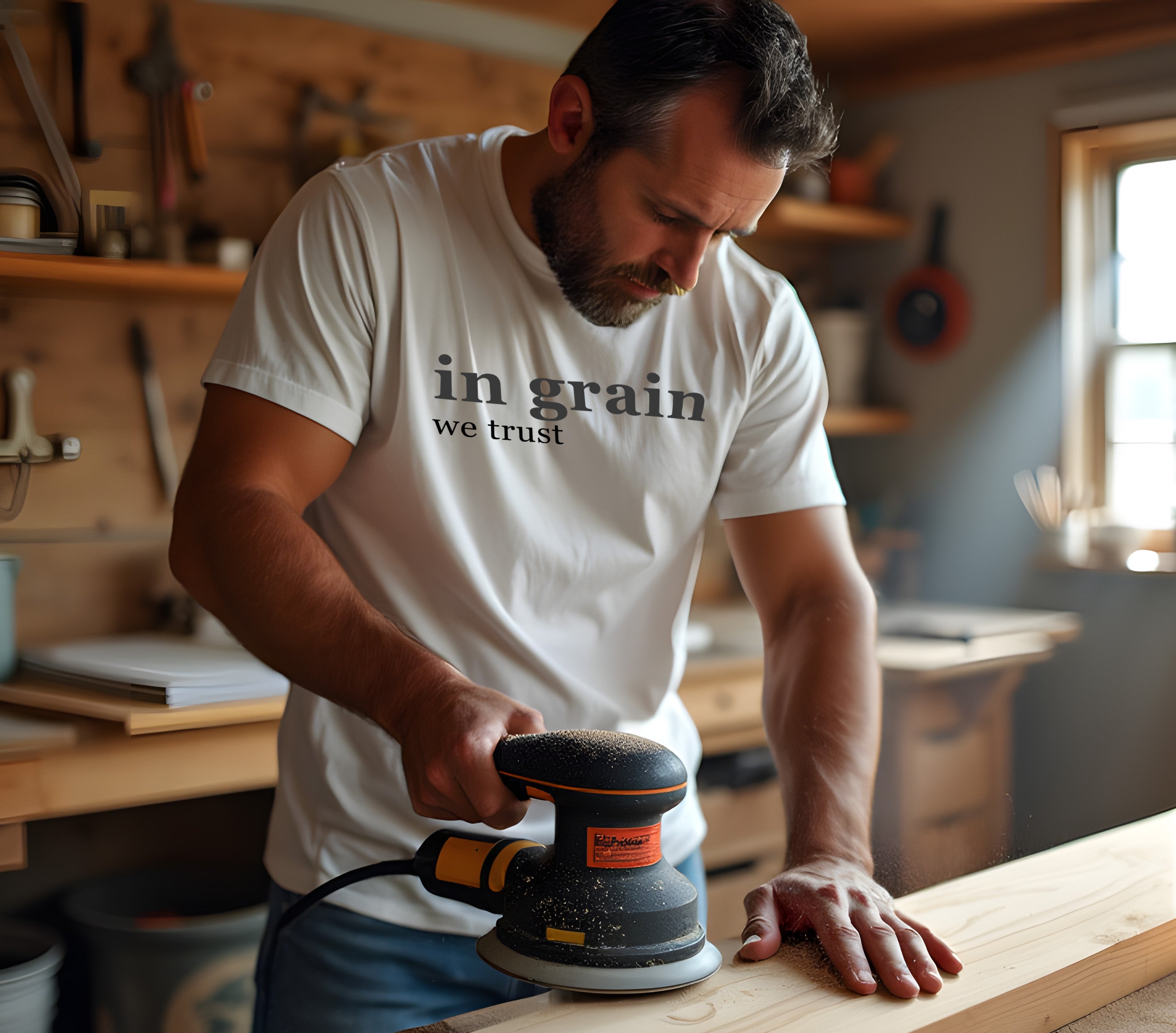 Man sanding a wooden surface in a workshop wearing a 'in grain we trust' shirt.