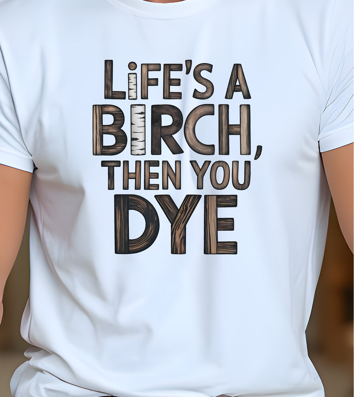 White t-shirt with humorous text design on a blurred background